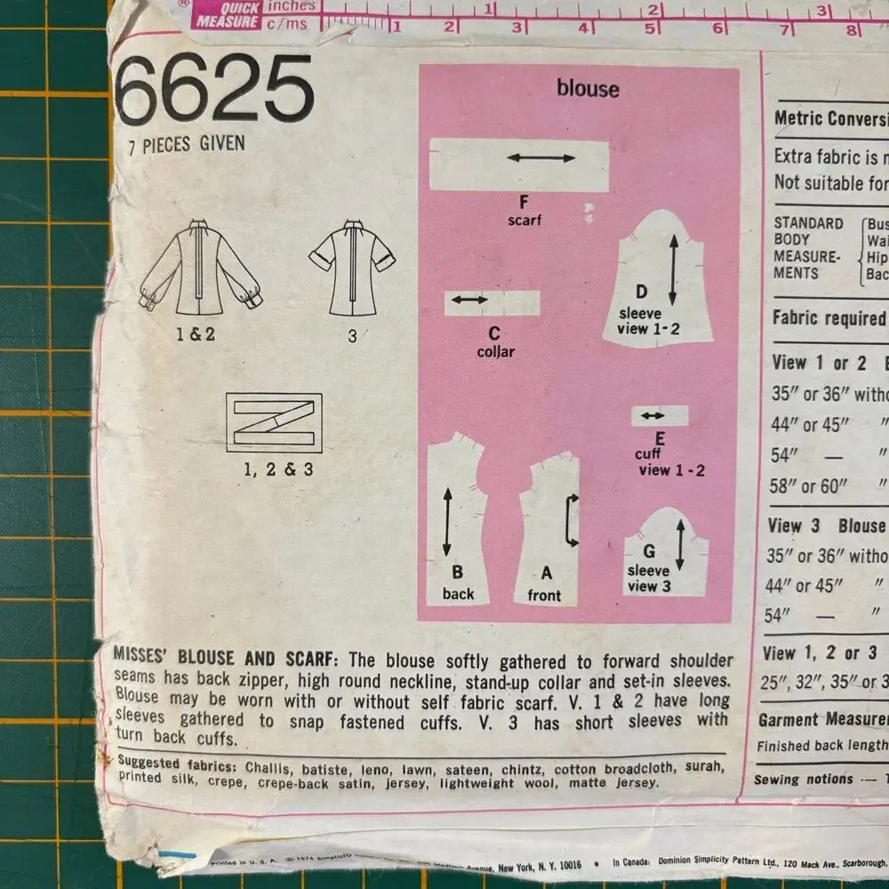 Vtg 70s Simplicity Pattern 6625 Size 12 Bust 34 Misses Blouse & Scarf Shirt Cut